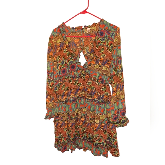 it's Multicolored Tiered Short Dress Long Sleeves Ladies Large Exotic Backless - Picture 4 of 5